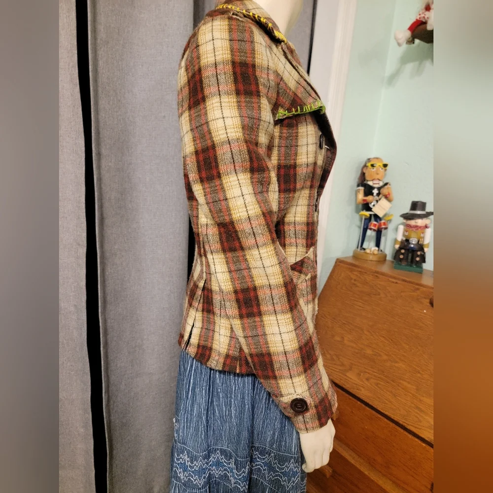 VTG 80s 90s Wool Plaid‎ Double Breast Blazer Preppy Academia  Wax Jeans Y2K SZ M